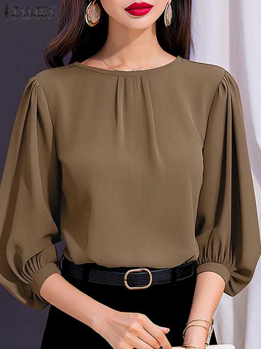 ZANZEA Women's Elegant 3/4 Lantern Sleeve Blouse