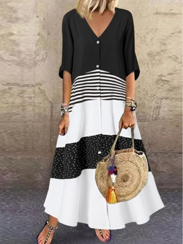 Color Blocked Printed V-Neck Button-Up Summer Dress – Retro Street Style for Women