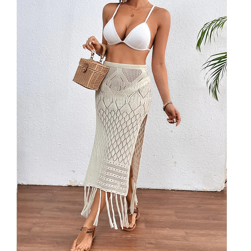 Women’s Knitted Texture Sarong Skirt – Sexy High Slit Tassel Beach Cover-Up