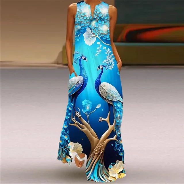 Summer Women’s Artistic Retro Sleeveless V-Neck Oversized Swing Maxi Dress | Casual Loose Boho Long