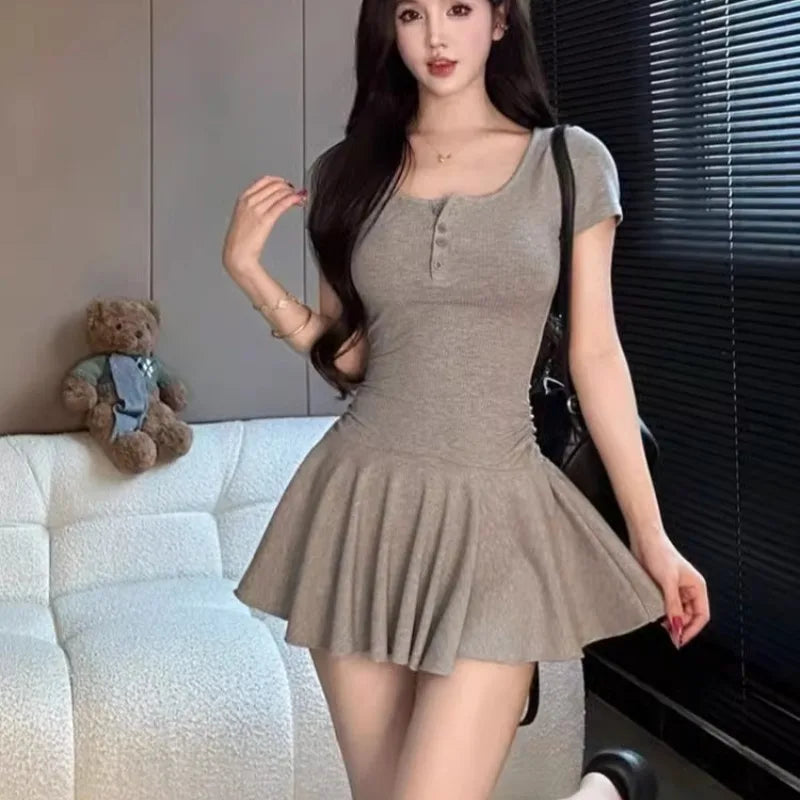 Short Sleeve Mini Dress for Women – Summer Slimming Pleated Single-Breasted Casual Fashion
