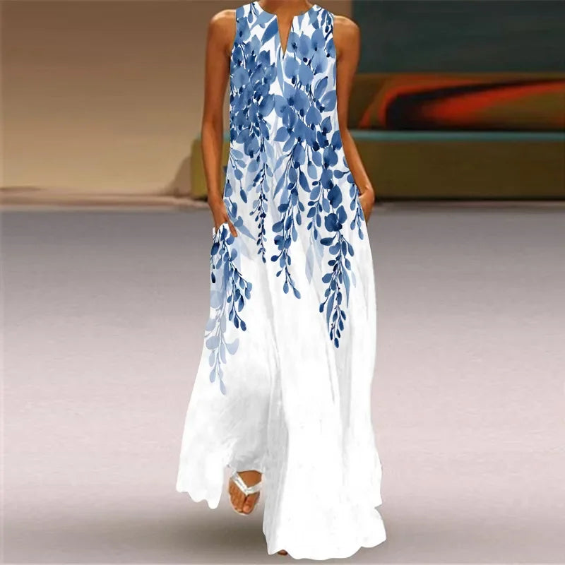 Summer Women’s Artistic Retro Sleeveless V-Neck Oversized Swing Maxi Dress | Casual Loose Boho Long