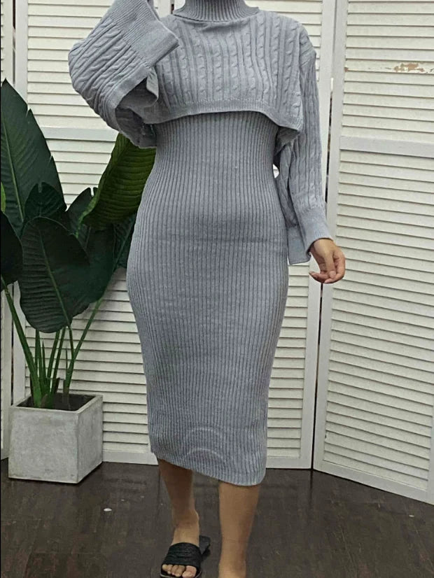 Women’s Sweater Dress Set [Turtleneck Ribbed Sweater & Knitted Strap Dress]