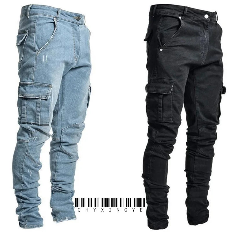Men’s Washed Solid Color Multi-Pocket Denim Cargo Jeans – Mid Waist Casual Pants