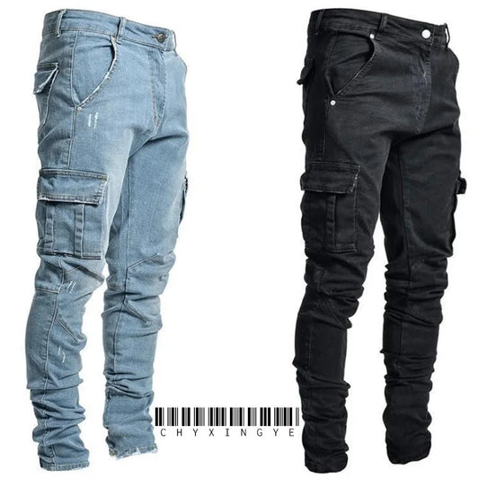 Men’s Washed Solid Color Multi-Pocket Denim Cargo Jeans – Mid Waist Casual Pants
