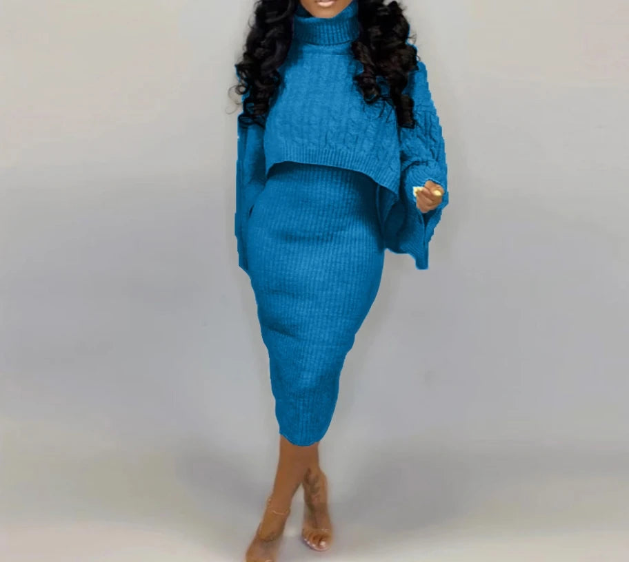 Women’s Sweater Dress Set [Turtleneck Ribbed Sweater & Knitted Strap Dress]