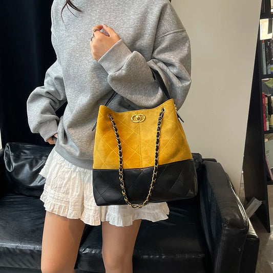 High-End Textured Quilted Chain Satchel Bucket Bag
