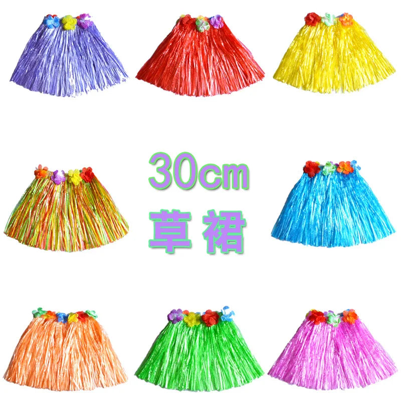 Hawaiian Grass Skirt for Kids – Hula Dance Party Costume, Flamingo Aloha Luau Theme Party Supplies, Hawaiian Party Favors