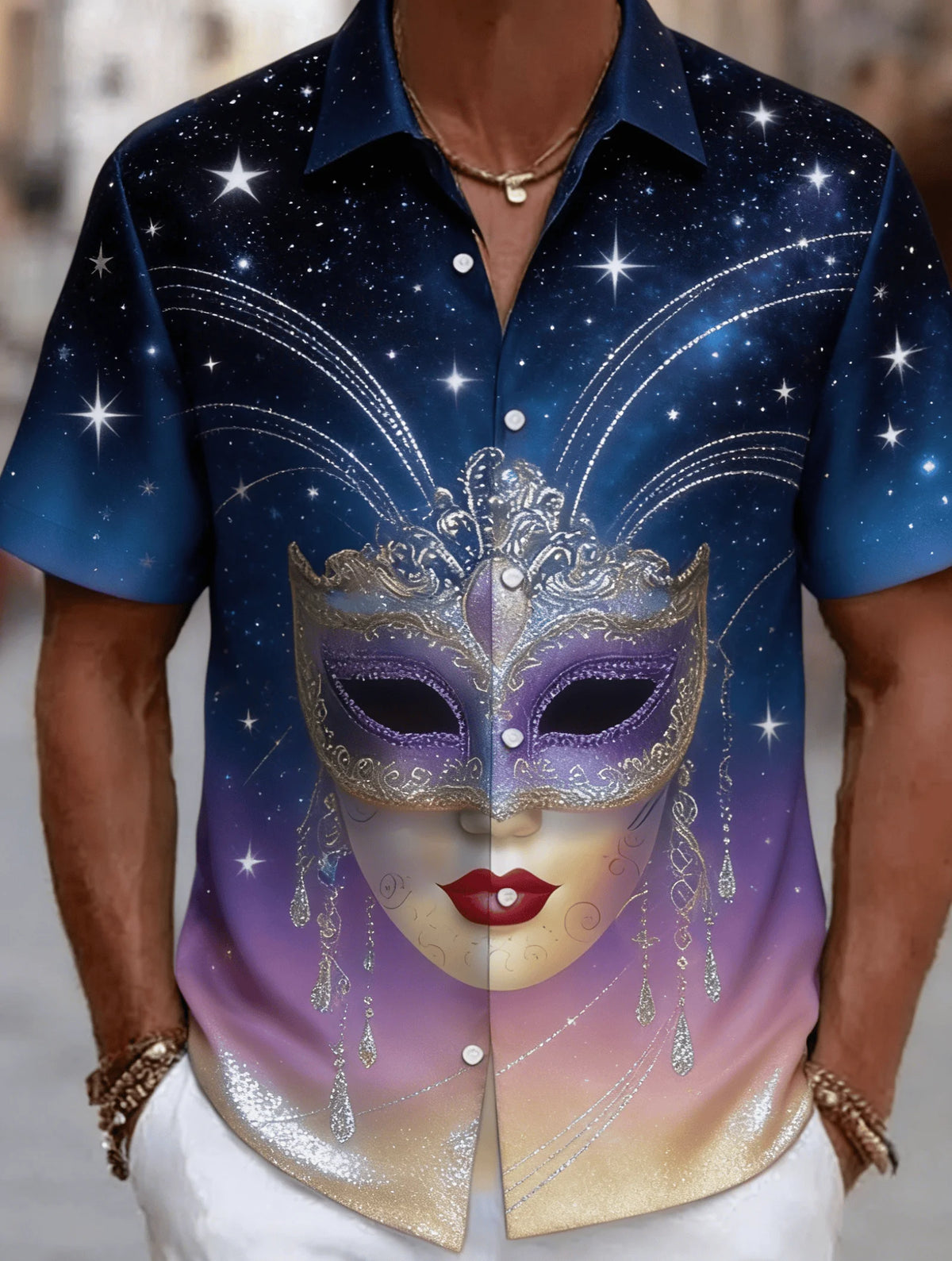 Men's Venetian Mask Print Shirt – Luxury Baroque Short Sleeve Button-Up, Loose Fit Casual Summer Party Top