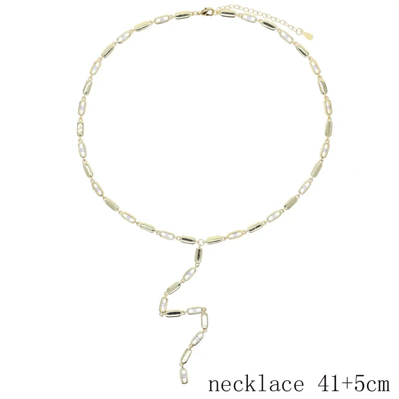 Geometric Rectangle Bling Micro Pave CZ Bar Link Chain Choker Lariat Y Necklace – Silver C