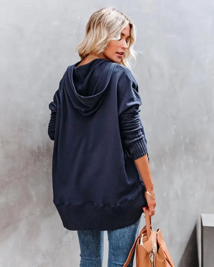 Stay Cozy in Style – Casual Loose White V-Neck Hooded Sweatshirt for Women