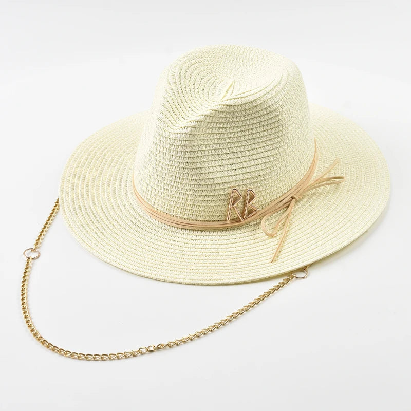 Fashionable Metal RB Letter Straw Hats – Unisex Summer Panama Jazz Style
