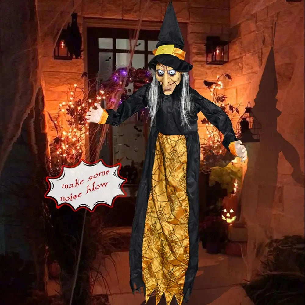 Halloween Talking Witch Animatronic Decoration – Outdoor Spooky Witch Prop with Glowing Red Eyes