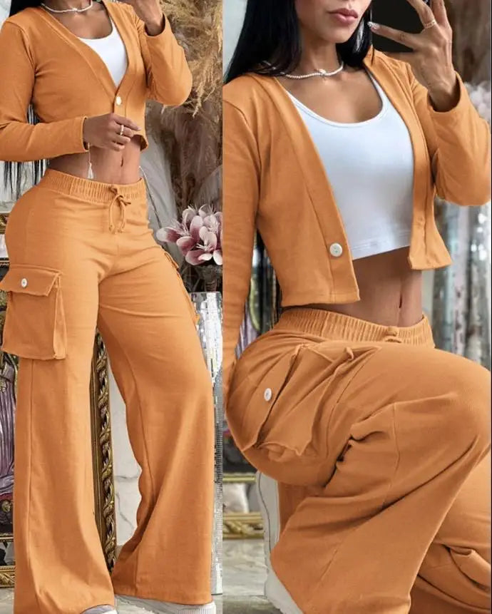 Women's Spring/Summer 2-Piece Set – Printed Crop Top & Casual Pants