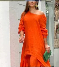 Two-Piece Women's African Outfit – Cotton Linen Top & Oversized Trousers