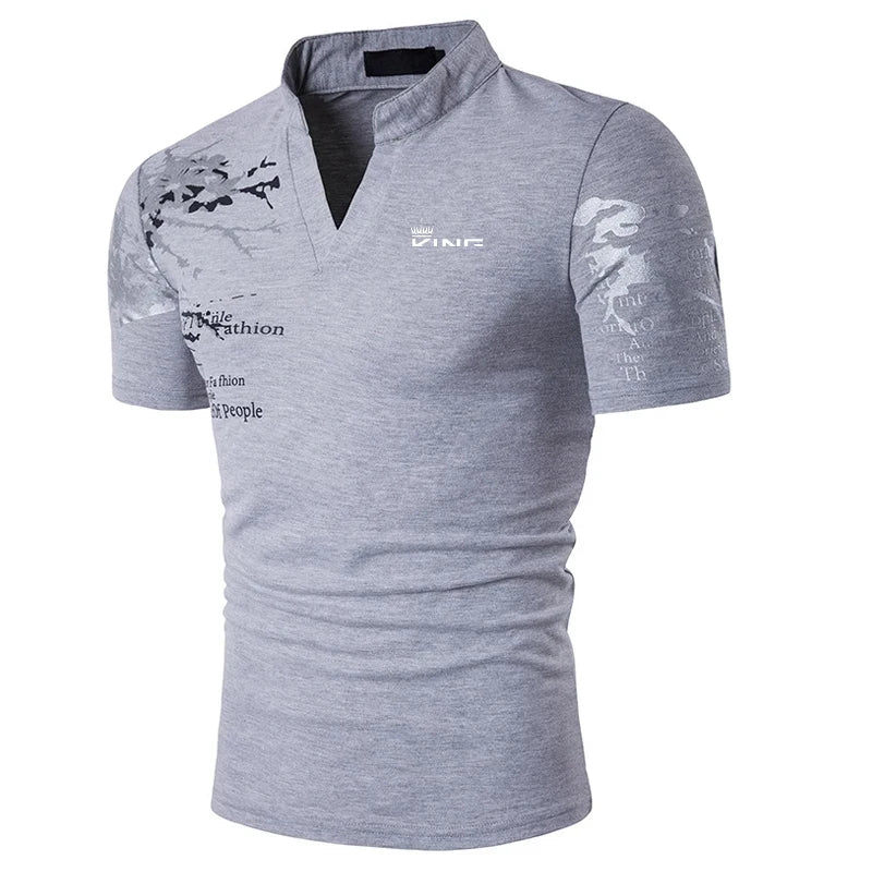 Men’s Graphic Print Polo Shirt – V-Neck Short Sleeve Streetwear