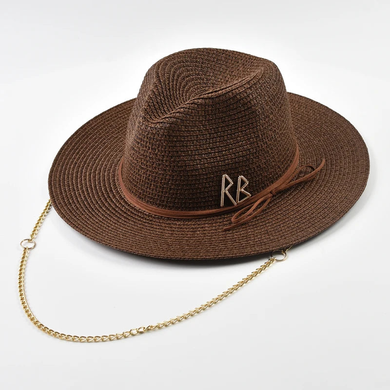 Fashionable Metal RB Letter Straw Hats – Unisex Summer Panama Jazz Style