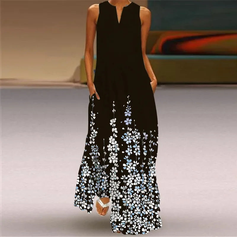 Summer Women’s Artistic Retro Sleeveless V-Neck Oversized Swing Maxi Dress | Casual Loose Boho Long