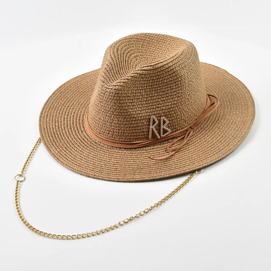 Fashionable Metal RB Letter Straw Hats – Unisex Summer Panama Jazz Style