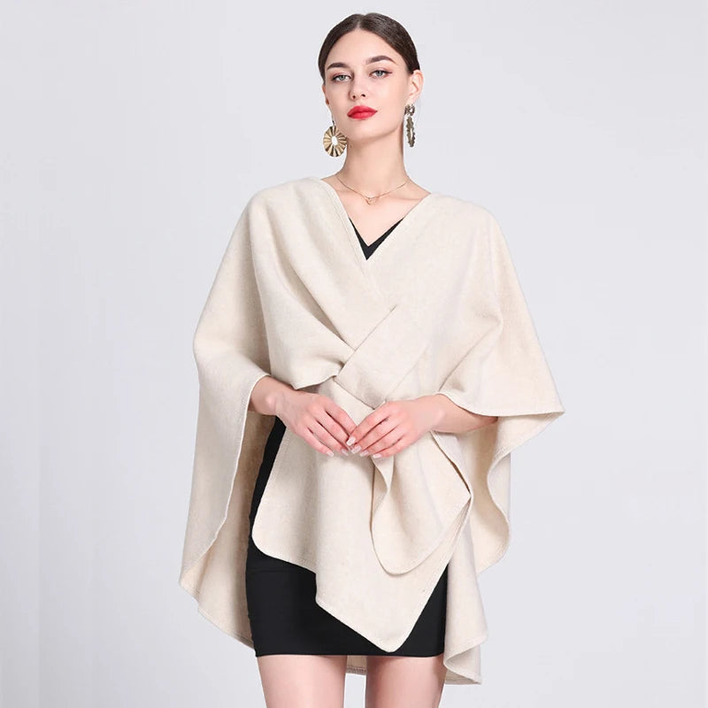 Fashion Side Strap Wool-Blend Poncho Cape – Autumn/Winter Women’s Cardigan Shawl Cloak