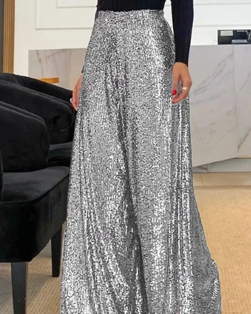 Elegant Shiny Sequin High-Waist Wide-Leg Pants – Women's Fashion Statement