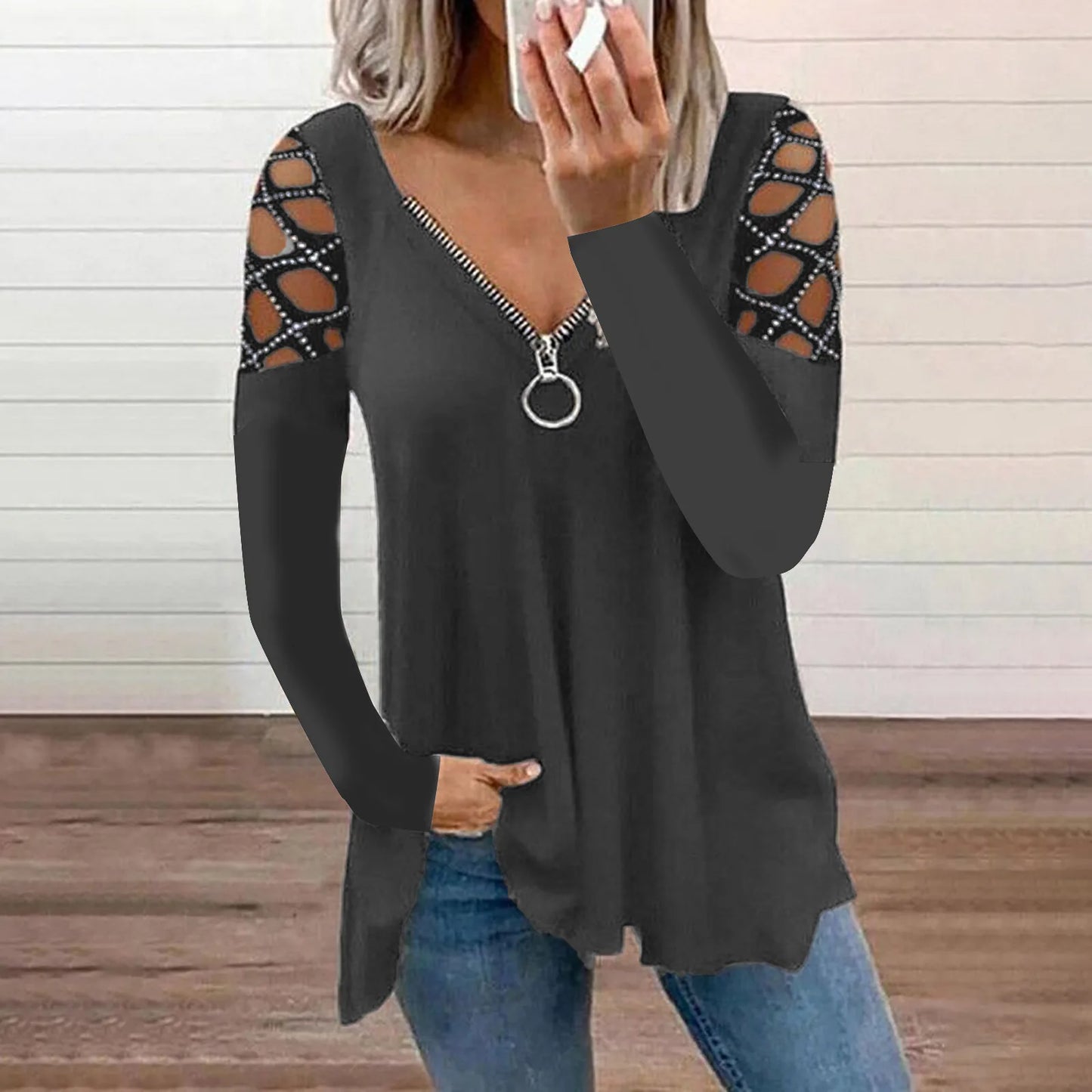 Woman's T-shirts Superior Quality spring/summer Hollow Out V Neck Zipper Long Sleeve Ladies