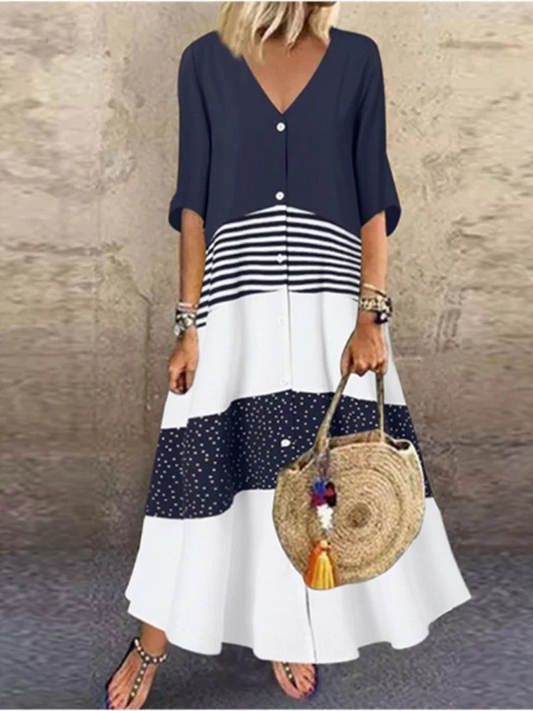 Color Blocked Printed V-Neck Button-Up Summer Dress – Retro Street Style for Women