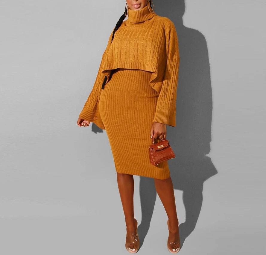 Women’s Sweater Dress Set [Turtleneck Ribbed Sweater & Knitted Strap Dress]