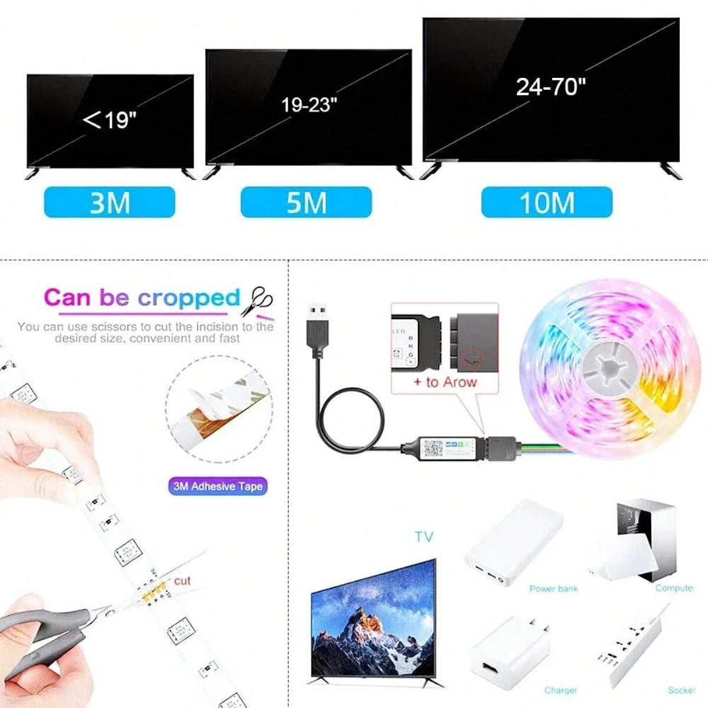 USB RGB LED Strip Kit (1M–30M) – Music Sync, WiFi/App Control, Sound Activated, 44-Key Remote, DC 5V