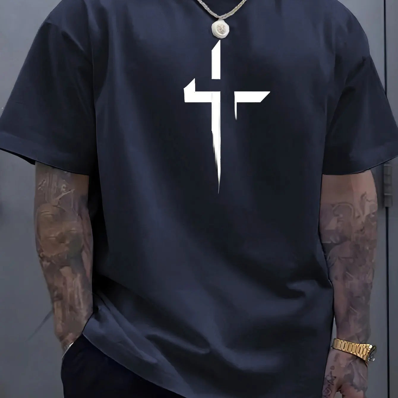Men’s Summer Casual T-Shirt – 100% Pure Cotton, Plus Size, Creative Cross Prin