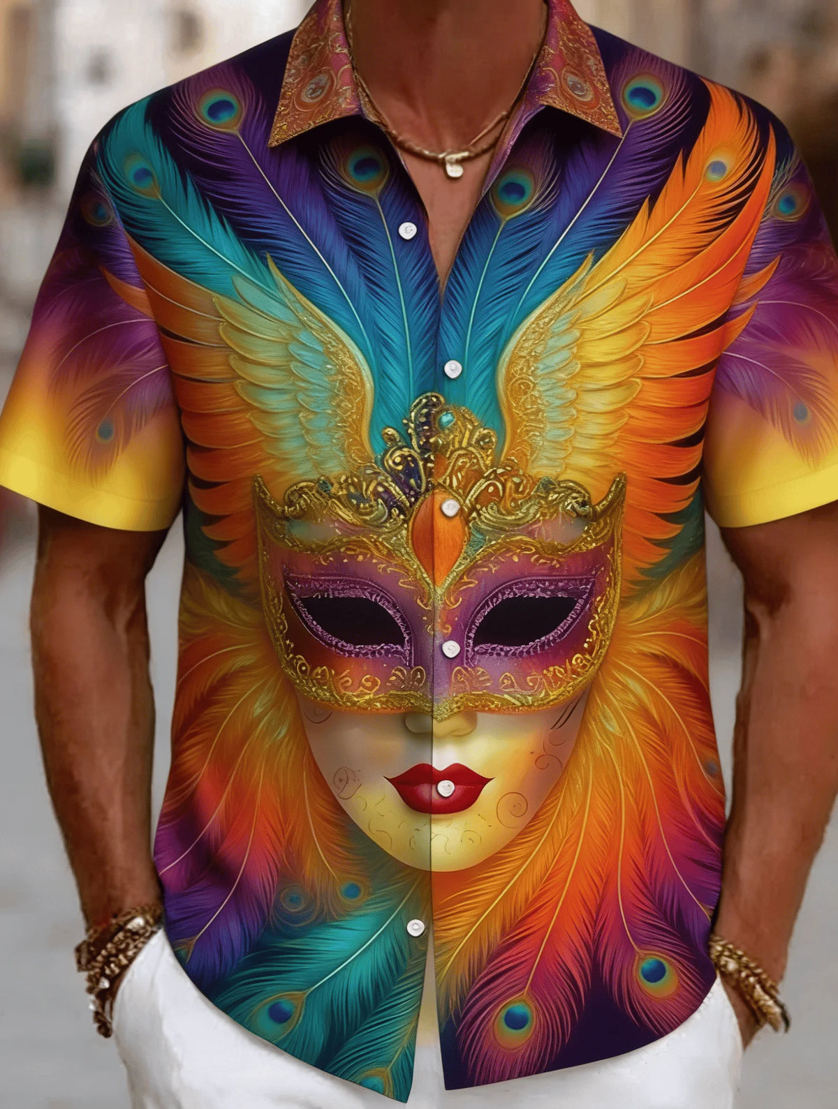 Men's Venetian Mask Print Shirt – Luxury Baroque Short Sleeve Button-Up, Loose Fit Casual Summer Party Top