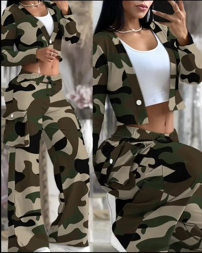 Women's Spring/Summer 2-Piece Set – Printed Crop Top & Casual Pants
