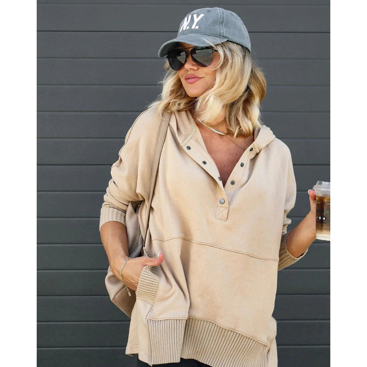 Stay Cozy in Style – Casual Loose White V-Neck Hooded Sweatshirt for Women