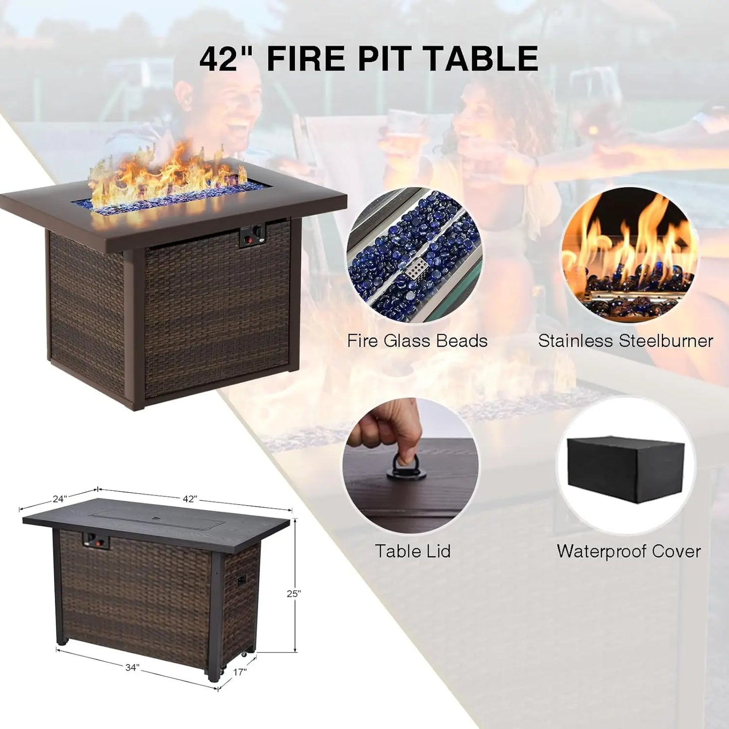 9-Piece Outdoor Sectional Patio Furniture Set with Fire Pit Table