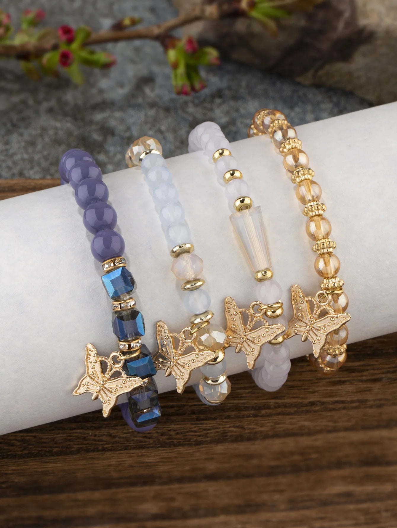 4-Piece Trendy Butterfly Beaded Bracelet Set for Women