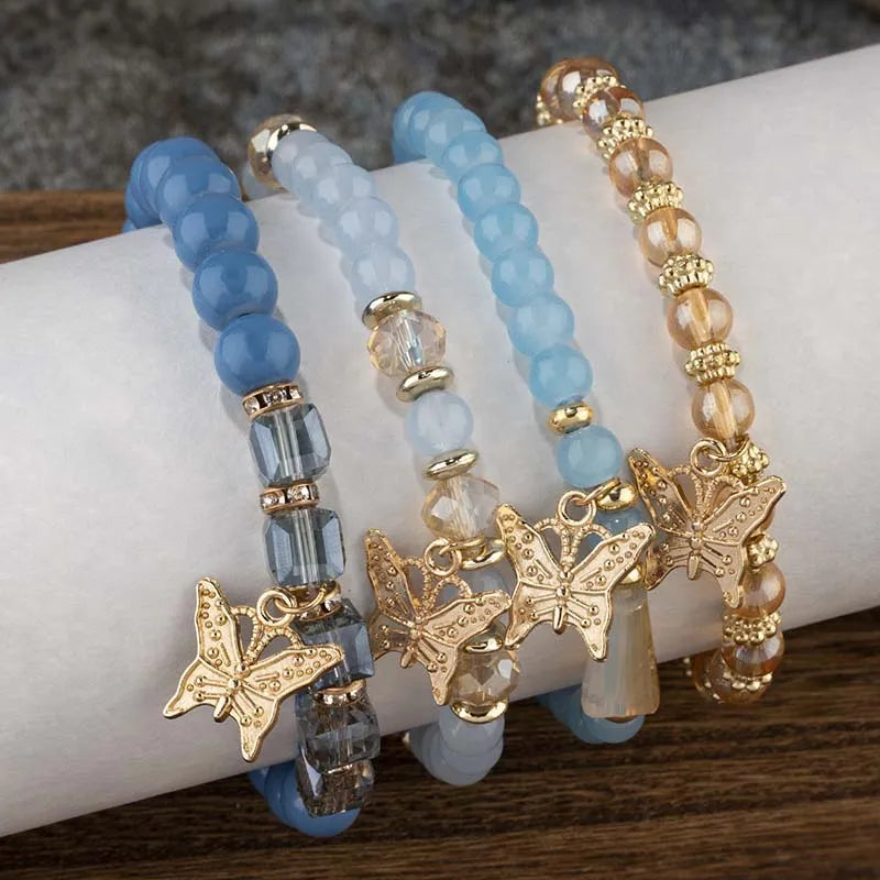 4-Piece Trendy Butterfly Beaded Bracelet Set for Women