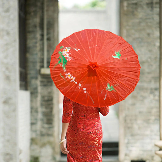 Vintage Chinese Silk Oil Paper Umbrella – Red Flower Design