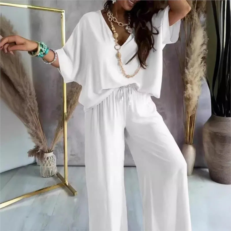 Women’s Summer Two-Piece Pant Set – V-Neck Bat Sleeve Casual Loose Outfit