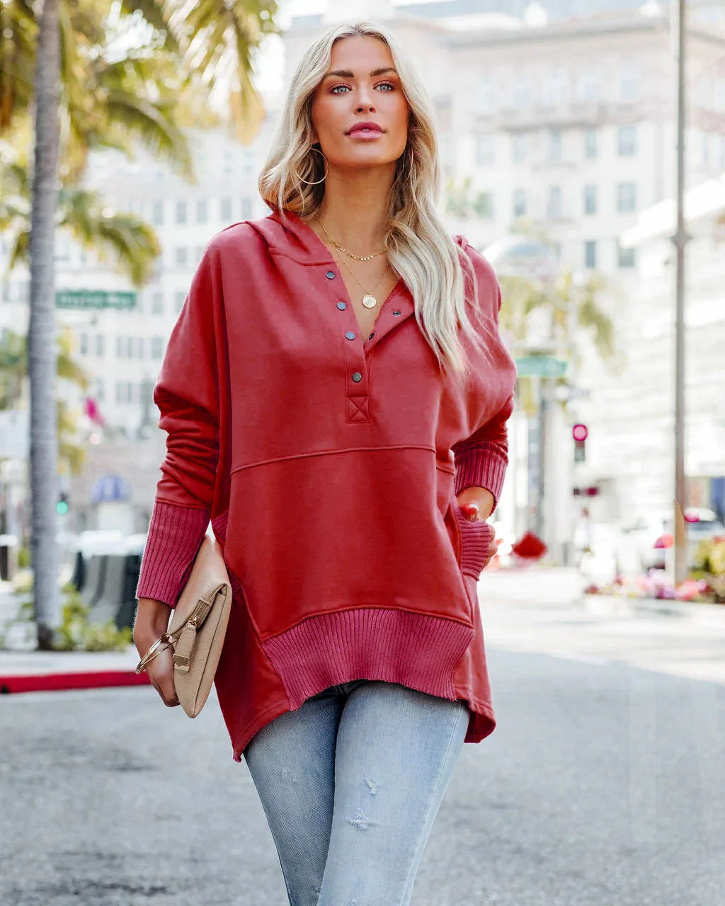 Stay Cozy in Style – Casual Loose White V-Neck Hooded Sweatshirt for Women