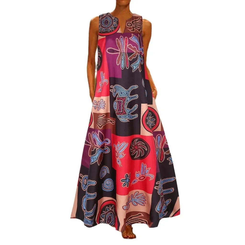 Summer Women’s Artistic Retro Sleeveless V-Neck Oversized Swing Maxi Dress | Casual Loose Boho Long