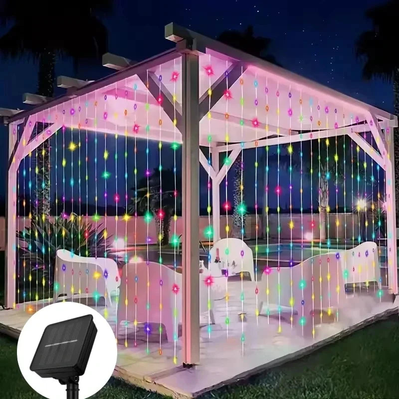 3×3M Solar Curtain String Lights – 300 LED Outdoor Decorative Lights with 8 Lighting Modes for Christmas, Halloween, Garden & Party Decor