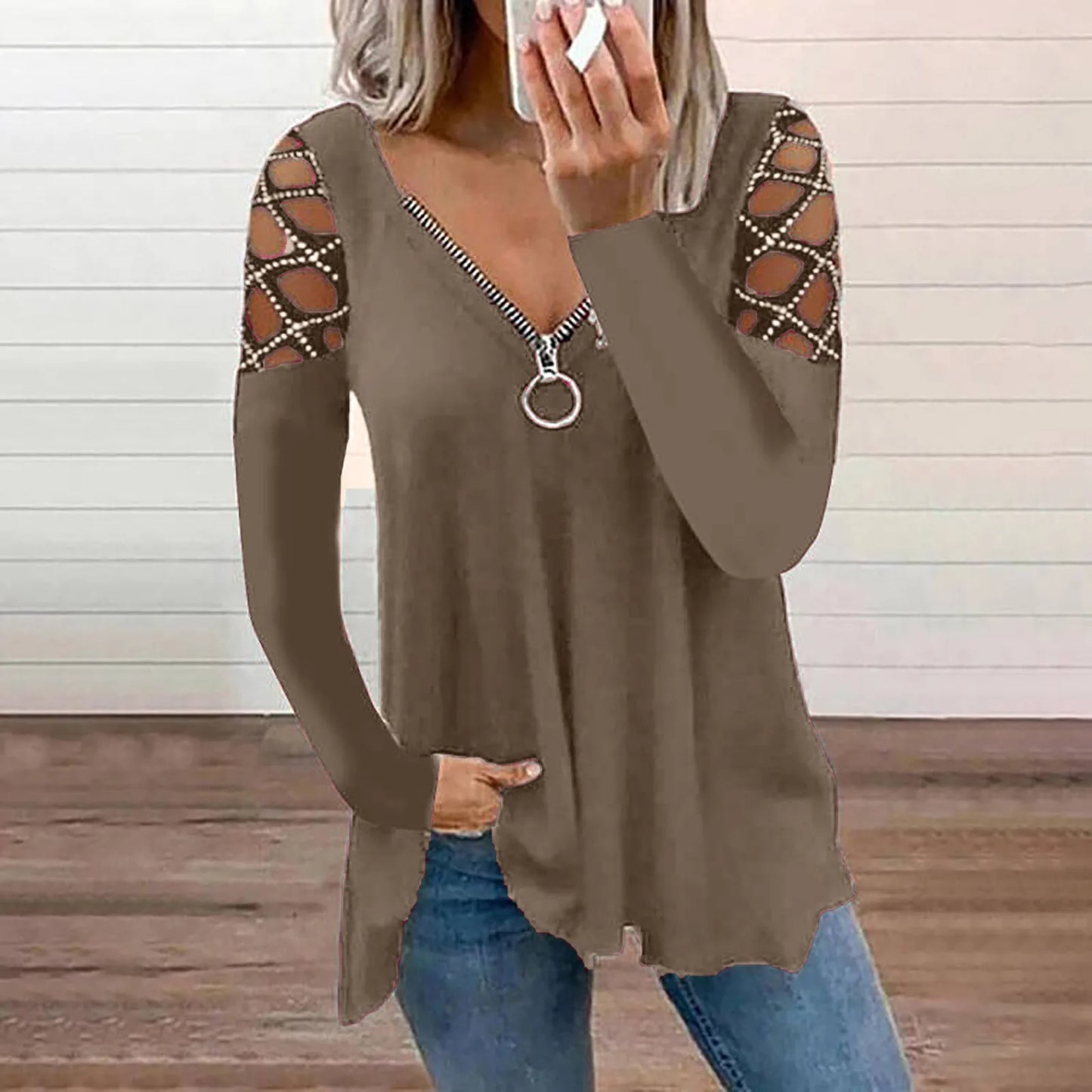 Woman's T-shirts Superior Quality spring/summer Hollow Out V Neck Zipper Long Sleeve Ladies