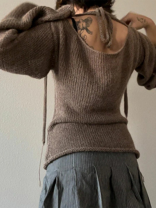 Fashion Women's Tie-Back Sweater – Y2K-Inspired Knit Pullover