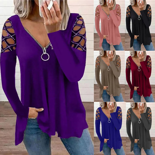 Woman's T-shirts Superior Quality spring/summer Hollow Out V Neck Zipper Long Sleeve Ladies