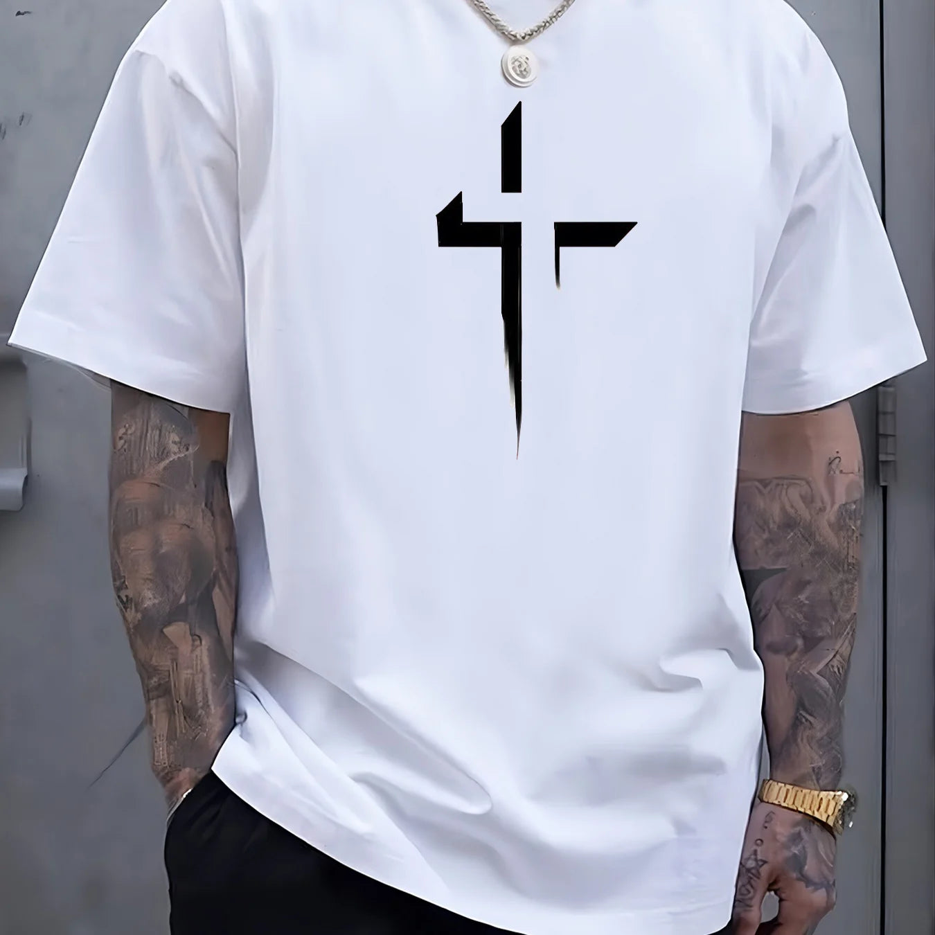 Men’s Summer Casual T-Shirt – 100% Pure Cotton, Plus Size, Creative Cross Prin
