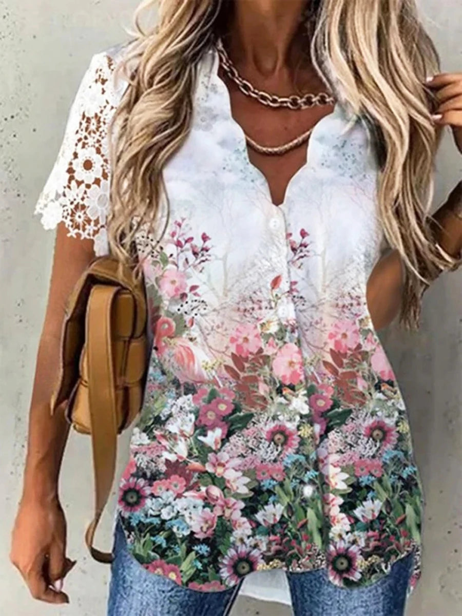 Women’s Floral Blouse Shirt – Short Sleeve, Button-Up