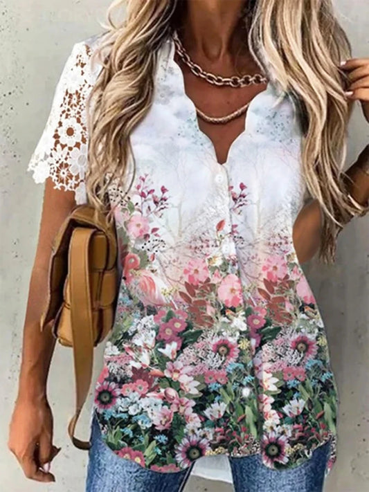 Women’s Floral Blouse Shirt – Short Sleeve, Button-Up