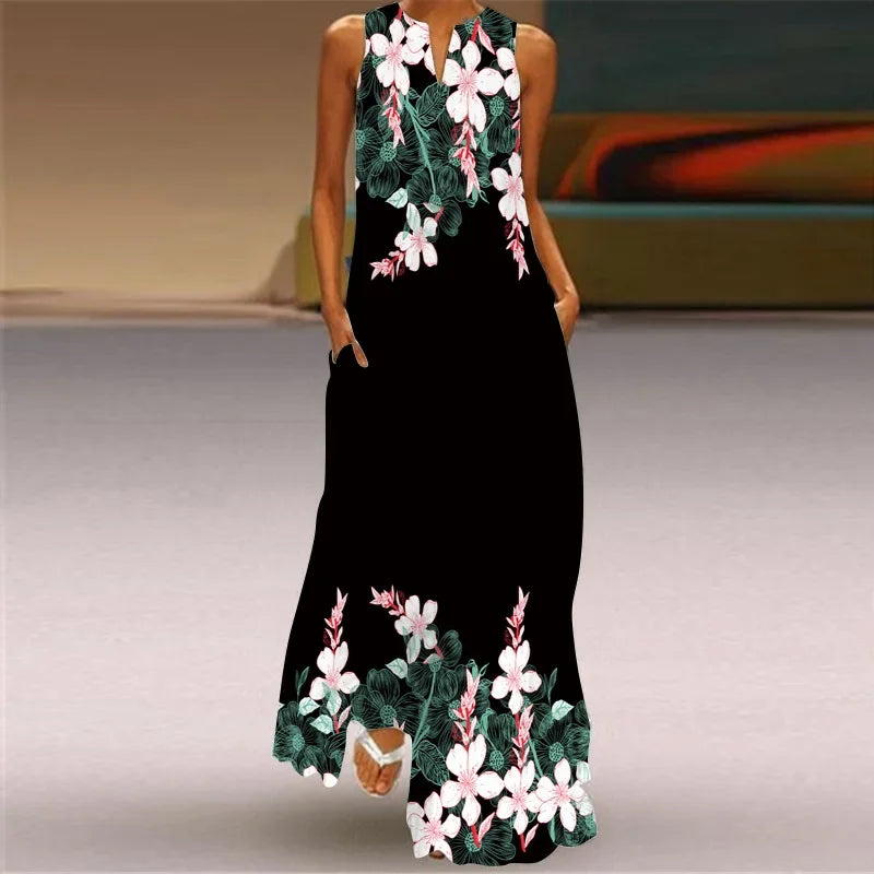 Summer Women’s Artistic Retro Sleeveless V-Neck Oversized Swing Maxi Dress | Casual Loose Boho Long