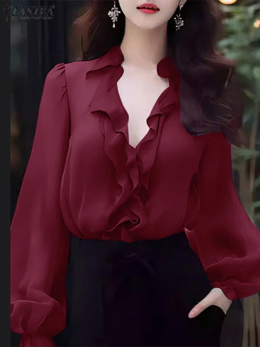 ZANZEA Women’s V-Neck Long Sleeve Blouse – Elegant Office Tunic Top
