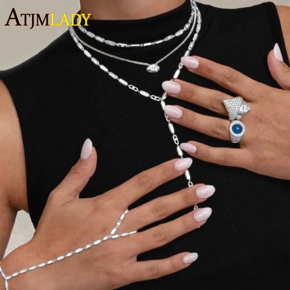 Geometric Rectangle Bling Micro Pave CZ Bar Link Chain Choker Lariat Y Necklace – Silver C